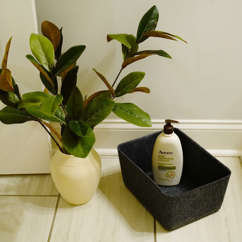 Lidded storage bin for pantry closet shelf cabinet desktop medeium size