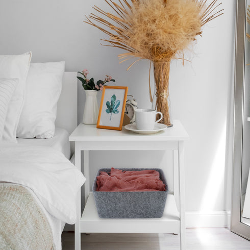 Lidded storage bin for pantry closet shelf cabinet desktop medeium size