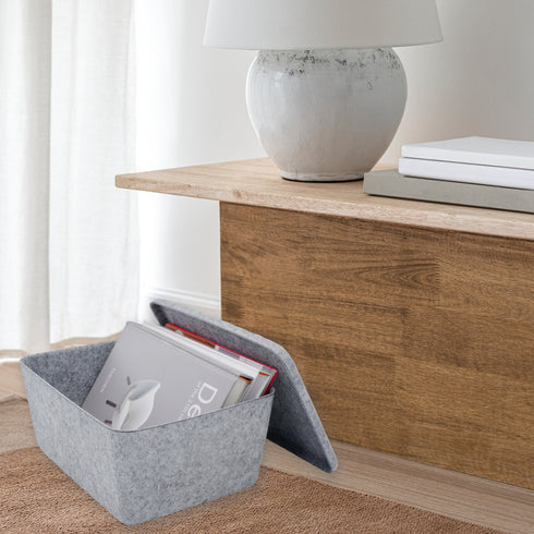 Lidded storage bin for pantry closet shelf cabinet desktop medeium size