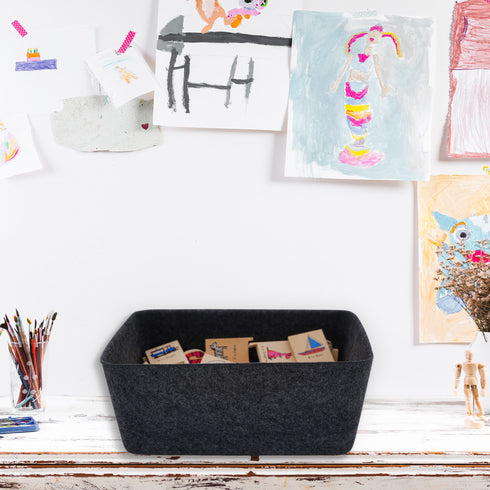 Lidded storage bin for pantry closet shelf cabinet desktop medeium size