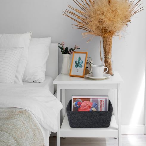 Lidded storage bin for pantry closet shelf cabinet desktop medeium size